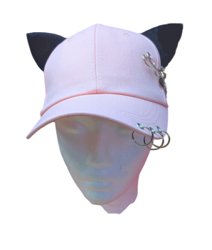 Preview: Gothic Anime Basecaps Rosa mit Schwarzen Katzenohren und Sicherheitsnadeln