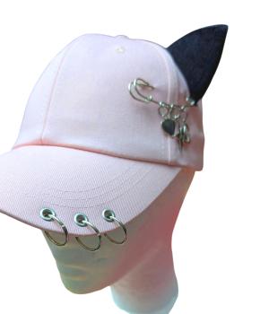 Preview: Gothic Anime Basecaps Rosa mit Schwarzen Katzenohren und Sicherheitsnadeln
