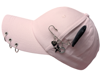 Preview: Gothic Anime Basecaps Rosa mit Schwarzen Katzenohren und Sicherheitsnadeln