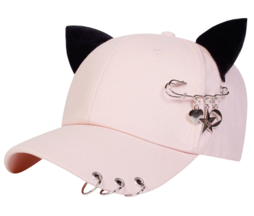 Gothic Anime Basecaps Rosa mit Schwarzen Katzenohren und Sicherheitsnadeln