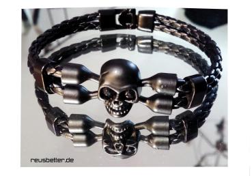 Armband | Edelstahl | Leder Mix | Skull / Totenkopf | Schwarz | Unisex