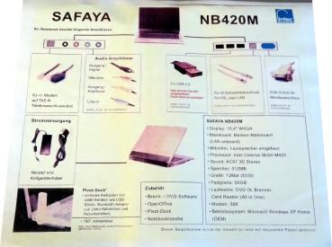 Clevo M665S Notebook Intel Cel.1.6 GHz incl Tasche und Software 15,4 Zoll WXGA
