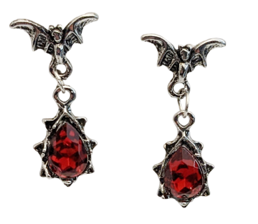 Gothic Fledermaus Ohrringe Silber mit Tropfenanhängern in Rot