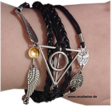 HARRY POTTER Leder Armband Infinity Schnatz Schwarz Silber