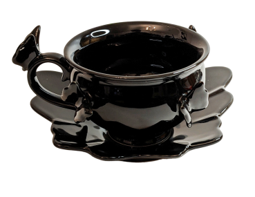 Killstar Keramik Skulptur Teetasse mit Unterteller Set dunkler Schmetterling 3D in schwarz