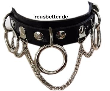 Echtleder Halsband | Gothic - Clubware - Harajuku mit O-Ringen und Ketten Schwarz