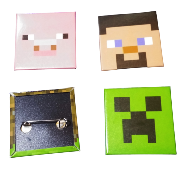 Motiv Minecraft Metall Pins Ansteckbuttons Creeper, Schweinchen, Pixelblock, Steve