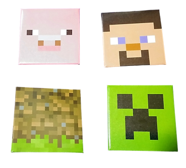 Motiv Minecraft Metall Pins Ansteckbuttons Creeper, Schweinchen, Pixelblock, Steve