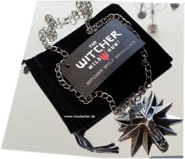 The Witcher 3 Medaillon Wild Hunt Wolf 3D | Black Eyes  Motiv| Kette und Samtbeutel