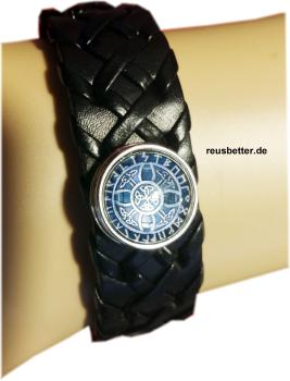 Preview: Runen Futhark Vikings Snap Lederarmband Schwarz mit Glascabochon