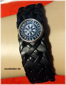 Runen Futhark Vikings Snap Lederarmband Schwarz mit Glascabochon