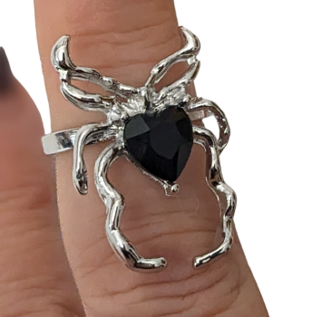 Preview: Spinnenring Groß mit schwarzem Facetten Stein verstellbar Silberfarben