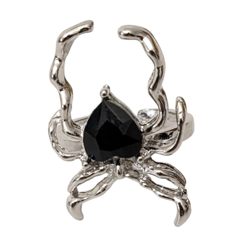Spinnenring Groß mit schwarzem Facetten Stein verstellbar Silberfarben