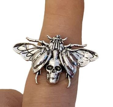 Preview: Steampunk Ring verstellbar Totenkopf Motte Silber