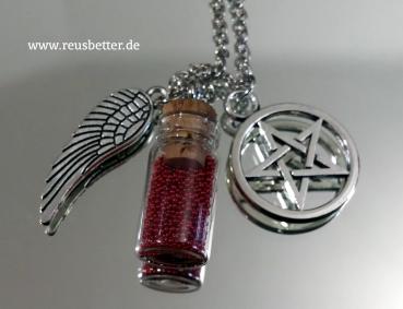 Supernatural Pentagramm Castiel Flügel  Mini Flasche Wächter  Winchester Kette
