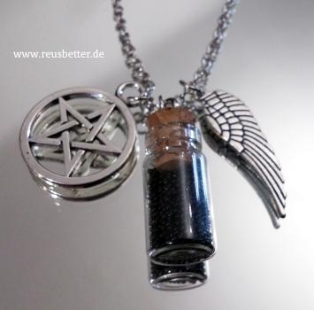 Supernatural Pentagramm Castiel Flügel Mini Flasche Wächter Schwarz Winchester Kette