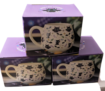 Süßer gruseliger Keramik Kaffee-Tee Pott mit Katzen Fledermaus-Print