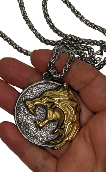 The Witcher Gerald Wild Hunt Motiv Wolf Gold - Silber 3D Medallion Kette Edelstahl