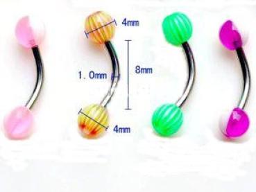 Augenbraue, Nasenpiercing Banane Curved Barbell UV Candy 18G 4mm Kugel