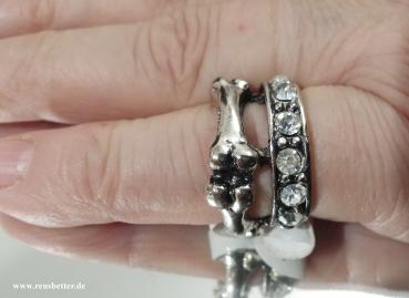 Biker Ring Knochen - Bones Band Ring Kristall Steine Silberfarben