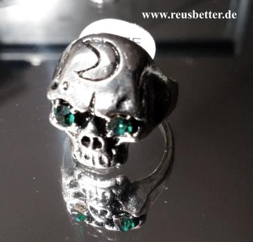 Totenkopf Skull Ring mit Grünen Kristall Augen | Biker - Gothik