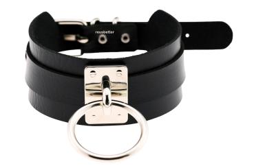 Halsband mit großem O-Ring - Nieten Schwarz Silber -  Gothic - BDSM - Harajuku