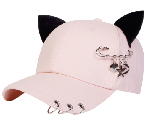 Gothic Anime Basecaps Rosa mit Schwarzen Katzenohren und Sicherheitsnadeln