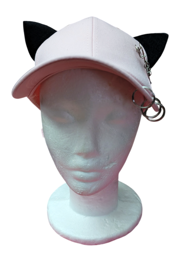 Gothic Anime Basecaps Rosa mit Schwarzen Katzenohren und Sicherheitsnadeln
