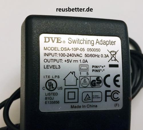 DVE Adapter DSA-10P-05 Mini USB Netzteil 5V