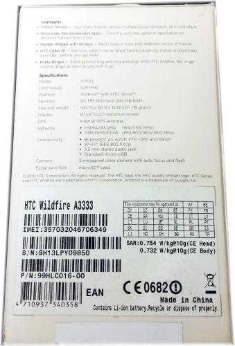 HTC Wildfire A3333 Smartphone 5MP Android 2.1 mit Verpackung 2 Akku*s