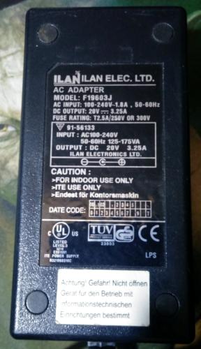 ILAN ELEC.LTD AC Adapter F19603J DC 20V -3.25A Notebook Netzteil