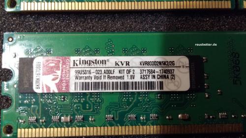 Kingston PC Arbeitsspeicher 2x1GB KVR800D2N5K2/2G CL5 PC RAM
