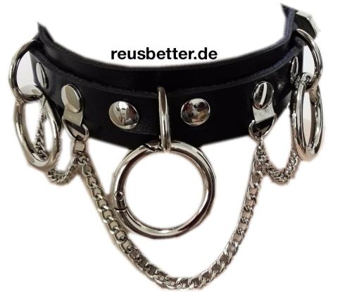 Echtleder Halsband | Gothic - Clubware - Harajuku mit O-Ringen und Ketten Schwarz