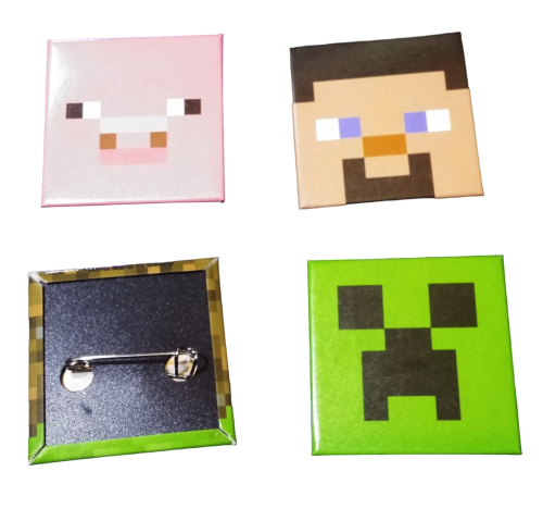 Motiv Minecraft Metall Pins Ansteckbuttons Creeper, Schweinchen, Pixelblock, Steve
