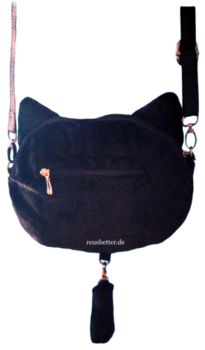 Handtasche NemuNeko Katzen Umhängetasche verstellbar Samt schwarz