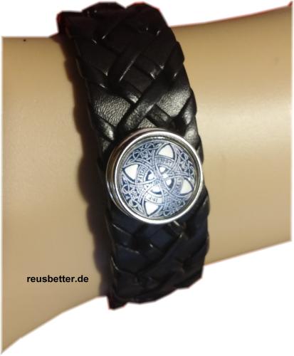 Runen Futhark Vikings Snap Lederarmband Schwarz mit Glascabochon