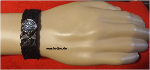 Runen Futhark Vikings Snap Lederarmband Schwarz mit Glascabochon