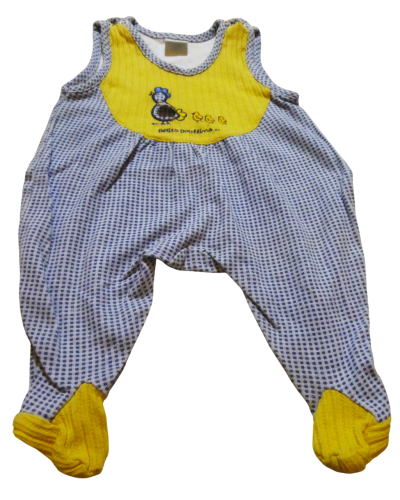 Strampler Blau Weiß Gelb Karo mit Entchenfamilie gr. 50