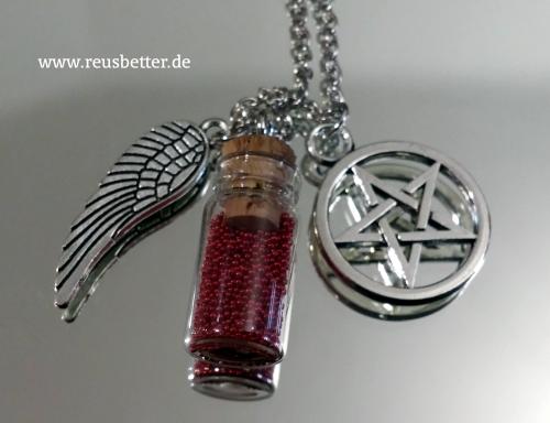 Supernatural Pentagramm Castiel Flügel  Mini Flasche Wächter  Winchester Kette