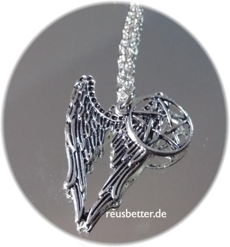 Supernatural Kette Pentagramm mit Flügel Castiel Winchester Kette Silber