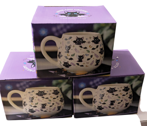 Süßer gruseliger Keramik Kaffee-Tee Pott mit Katzen Fledermaus-Print