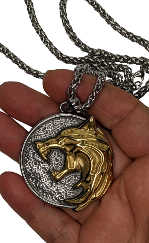 The Witcher Gerald Wild Hunt Motiv Wolf Gold - Silber 3D Medallion Kette Edelstahl