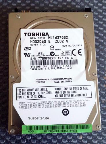 Toshiba 2.5 Zoll Interne Notebook Festplatte | 160GB SATA | MK1637GSK | HDD2D60 E | 5.400RPM