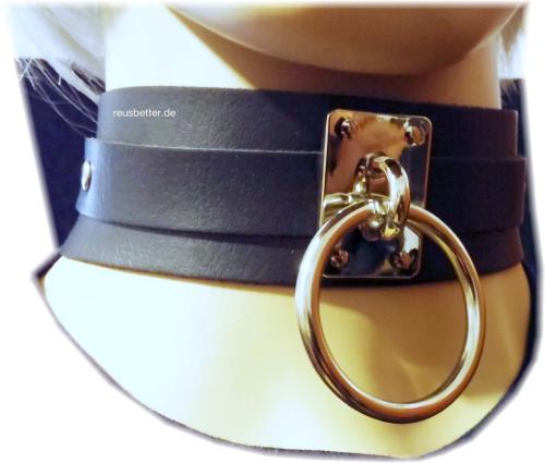 Halsband mit großem O-Ring - Nieten Schwarz Silber -  Gothic - BDSM - Harajuku